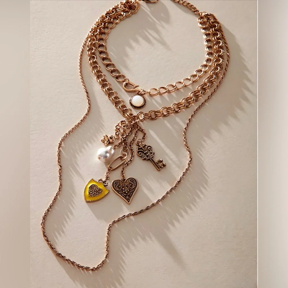 Free People Gold Layered Charm Necklace NWT Boho Statement NWT - Picture 2 of 5